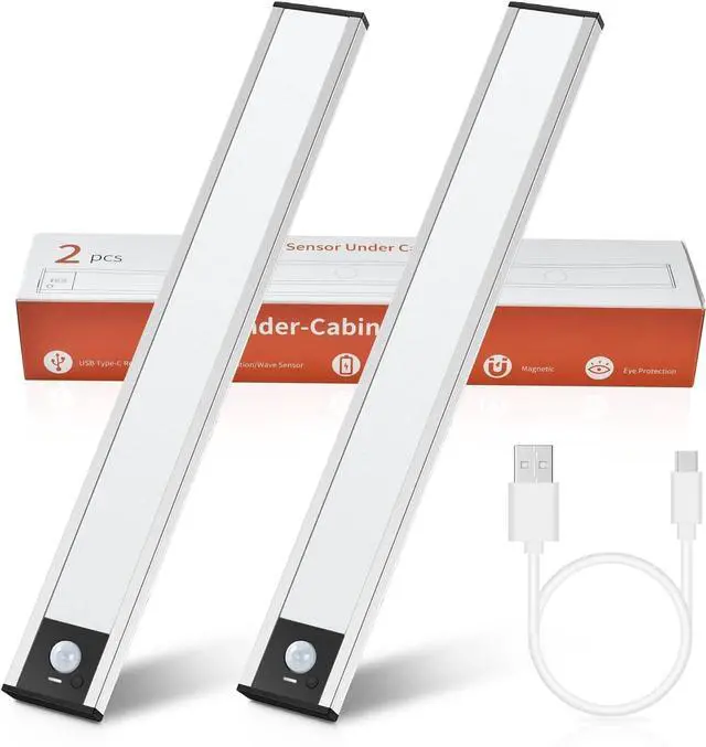 Main image of Under Cabinet Light 2 Pack 58 LED Rechargeable Motion Sensor Light 3 Color Stepless Dimmer Light Magnetic Under Counter Lighting Stick-on Wardrobe Light for RV Cupboard Garage Stair