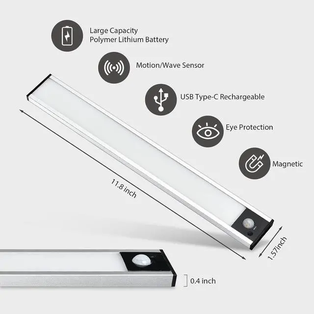Alt view image 2 of 7 - Under Cabinet Light 2 Pack 58 LED Rechargeable Motion Sensor Light 3 Color Stepless Dimmer Light Magnetic Under Counter Lighting Stick-on Wardrobe Light for RV Cupboard Garage Stair