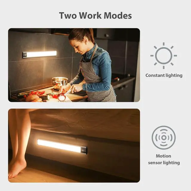 Alt view image 6 of 7 - Under Cabinet Light 2 Pack 58 LED Rechargeable Motion Sensor Light 3 Color Stepless Dimmer Light Magnetic Under Counter Lighting Stick-on Wardrobe Light for RV Cupboard Garage Stair