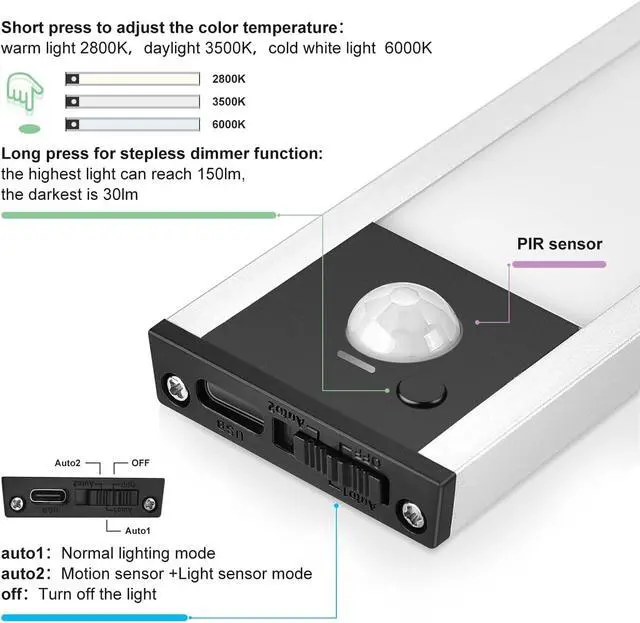 Alt view image 7 of 7 - Under Cabinet Light 2 Pack 58 LED Rechargeable Motion Sensor Light 3 Color Stepless Dimmer Light Magnetic Under Counter Lighting Stick-on Wardrobe Light for RV Cupboard Garage Stair