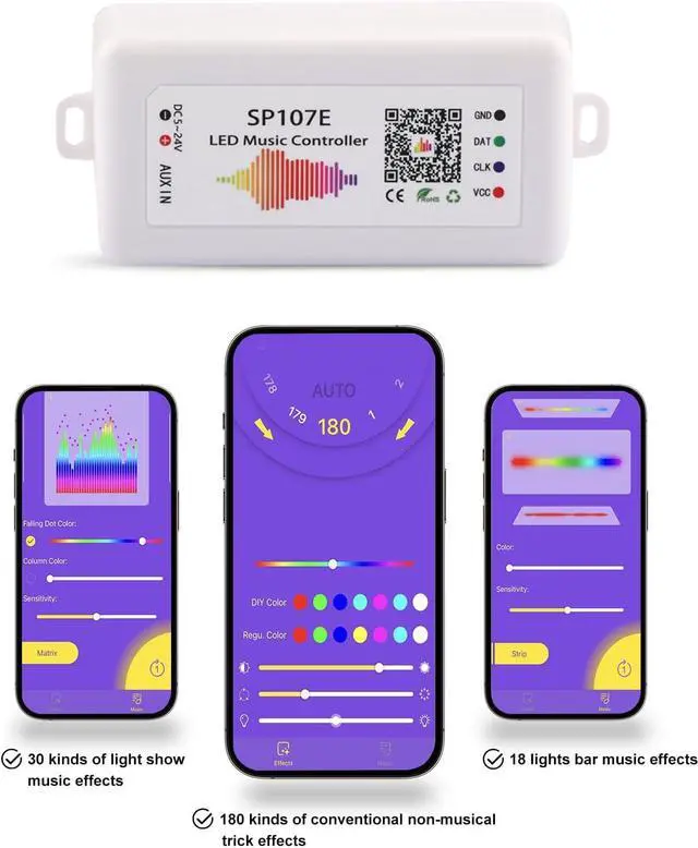 Alt view image 3 of 6 - SP107E LED Strip Controller Bluetooth Music LED Controller with AUX & Mic ?Support WS2811 WS2812B SK6812-RGBW APA102 DMX512 ?960 Pixels Max ?DC5V-24V for Addressable Strip/Matrix Panel