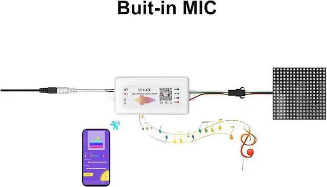 Alt view image 4 of 6 - SP107E LED Strip Controller Bluetooth Music LED Controller with AUX & Mic ?Support WS2811 WS2812B SK6812-RGBW APA102 DMX512 ?960 Pixels Max ?DC5V-24V for Addressable Strip/Matrix Panel