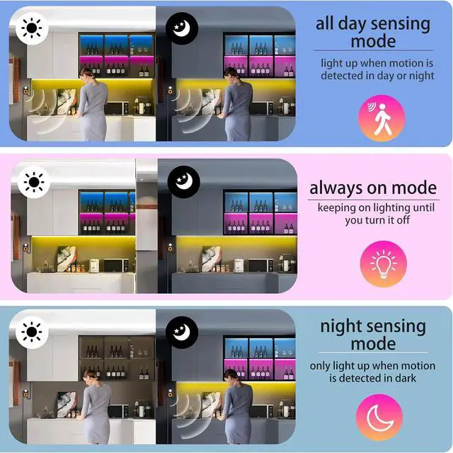 Alt view image 2 of 6 - Motion Sensor LED Light Strip 19.68ft Under Bed Lights RGB 3 Mode Motion Activated Bed Light with Music Sync and Timer Dimmable Color Changing LED Lights Father Day Gifts