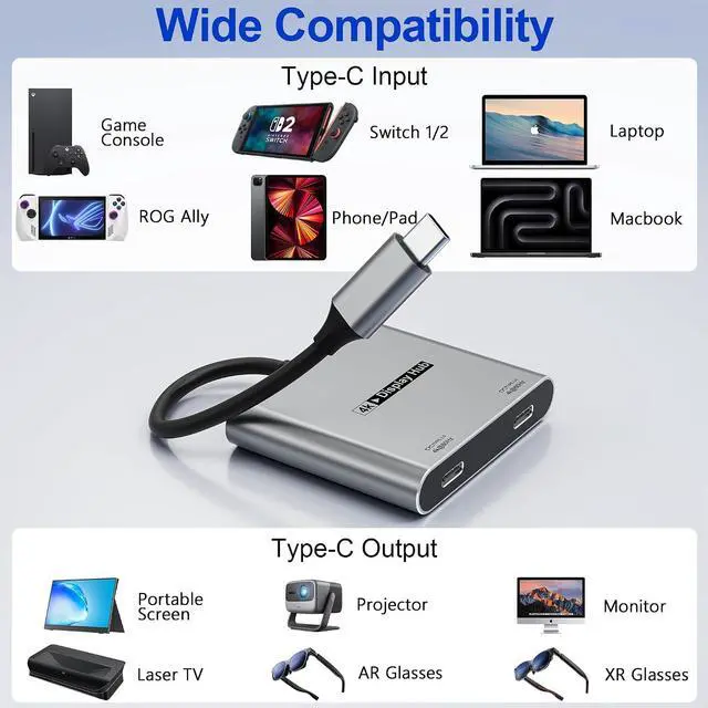 Alt view image 3 of 7 - 4-in-1 Dual USB-C Display Hub for AR Glasses 4K@60Hz Video Output 100W PD Input 5Gbps USB 3.0 Charge & Play for AR Glasses Switch 2 Deck Laptops Portable Monitors & Type-C Displays
