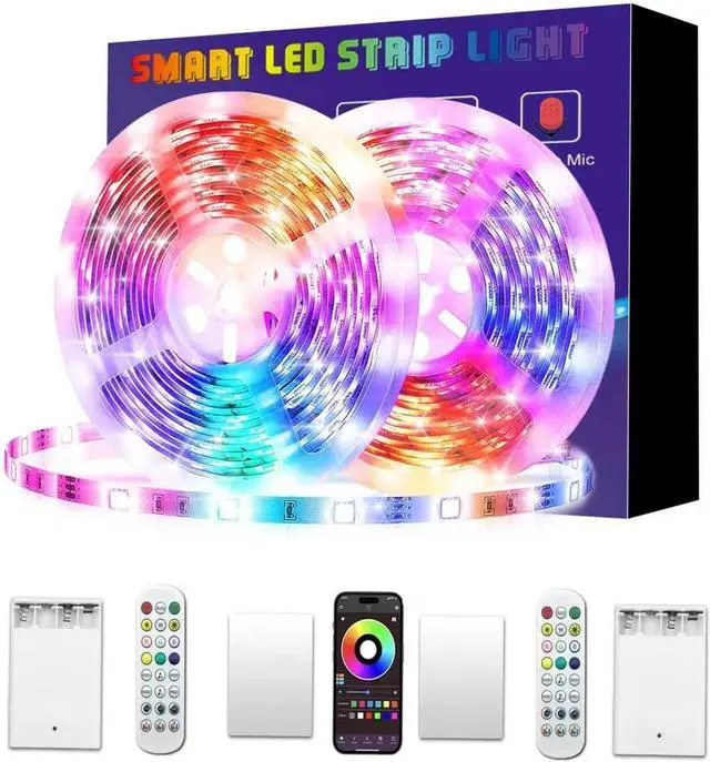 Main image of Battery Powered Led Strip Lights 2x16.4Ft (32.8Ft) Two Sets of Strip Light with 4 AA Battery Box/USB RGB LED Lights Remote and APP Control