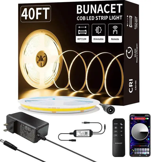 Main image of COB LED Strip Light 40ft/12m (1 Roll) Warm White 3000K High Lumen CRI 90+ with UL Listed Power Adapter RF Remote for Bedroom Counter Under Cabinet Kitchen Projects