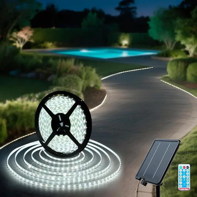 Main image of Solar LED Strip Lights Outdoor 6000K White Solar Rope Light 32.8 FT Waterproof with 8 Modes Remote Control Dusk to Dawn Self-Adhesive Cuttable Decorative Lighting for Step Pool Deck