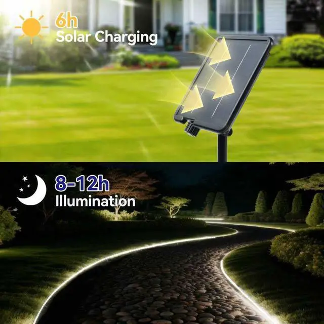 Alt view image 2 of 7 - Solar LED Strip Lights Outdoor 6000K White Solar Rope Light 32.8 FT Waterproof with 8 Modes Remote Control Dusk to Dawn Self-Adhesive Cuttable Decorative Lighting for Step Pool Deck