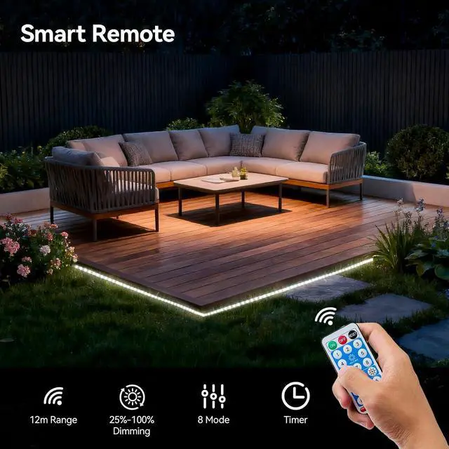 Alt view image 3 of 7 - Solar LED Strip Lights Outdoor 6000K White Solar Rope Light 32.8 FT Waterproof with 8 Modes Remote Control Dusk to Dawn Self-Adhesive Cuttable Decorative Lighting for Step Pool Deck