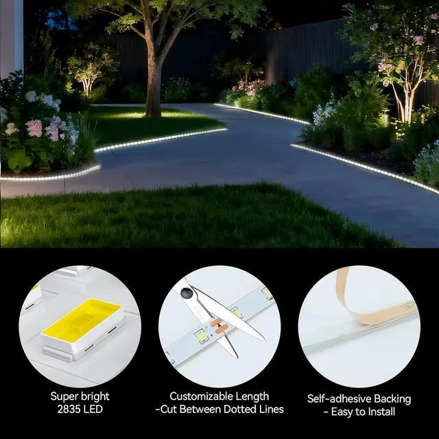 Alt view image 4 of 7 - Solar LED Strip Lights Outdoor 6000K White Solar Rope Light 32.8 FT Waterproof with 8 Modes Remote Control Dusk to Dawn Self-Adhesive Cuttable Decorative Lighting for Step Pool Deck