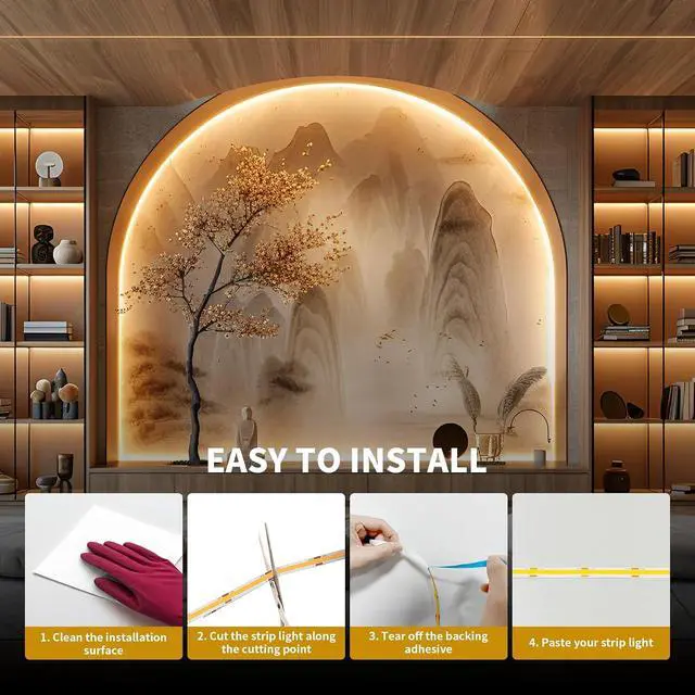 Alt view image 7 of 7 - COB LED Strip Light 40ft/12m (1 Roll) Warm White 3000K High Lumen CRI 90+ with UL Listed Power Adapter RF Remote for Bedroom Counter Under Cabinet Kitchen Projects