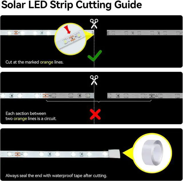 Alt view image 7 of 7 - Solar LED Strip Lights Outdoor 6000K White Solar Rope Light 32.8 FT Waterproof with 8 Modes Remote Control Dusk to Dawn Self-Adhesive Cuttable Decorative Lighting for Step Pool Deck