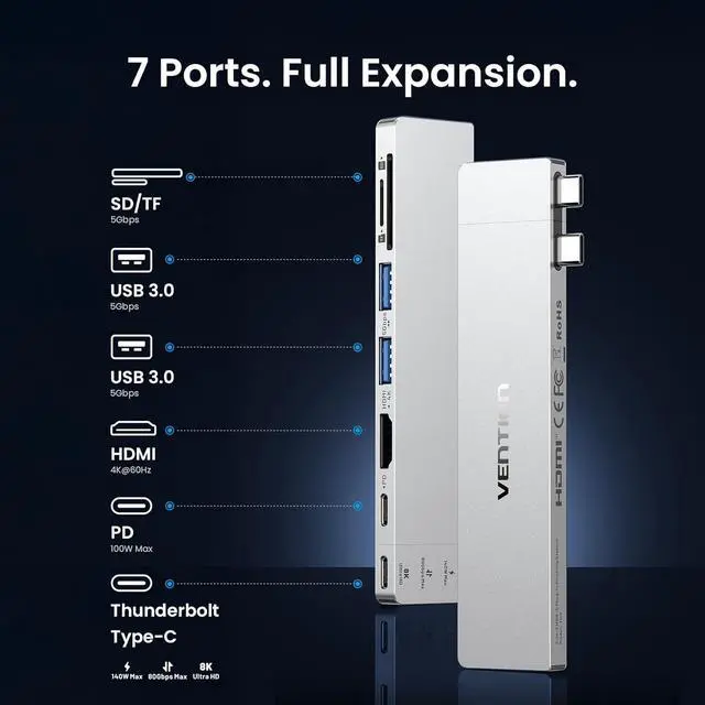 Alt view image 2 of 7 - USB C Hub for MacBook Neo/Air/PRO 80Gbps Detachable Magnetic 8K USB-C Dock with 4K@240Hz HDMI 140W MAX PD SD/TF Reader for Laptops/ipad Charging Multiport Adapter(Silver)
