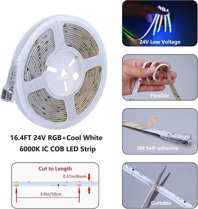 Alt view image 3 of 7 - RGBW IC COB LED Strip Kit Cool White 6000K 16.4FT 24V 480LEDs/M | WS2811 IC Addressable Music-Sync Dimmable Color Changing Multicolor RGB+CW LED Tape Kit for Bedroom Gaming Room Party Lights
