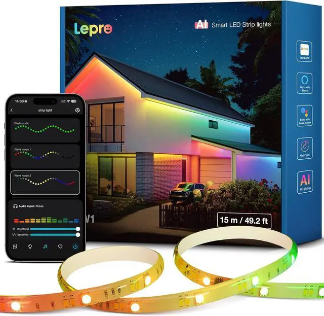 Main image of SW1 AI Smart Outdoor LED Strip Lights - 49.2ft IP65 Waterproof RGBCW Light Strips 2700K-5700K Tunable Warm White APP Control(No Remote) 2.4G Wi-Fi Lights for Holiday Decor House Porch Eave