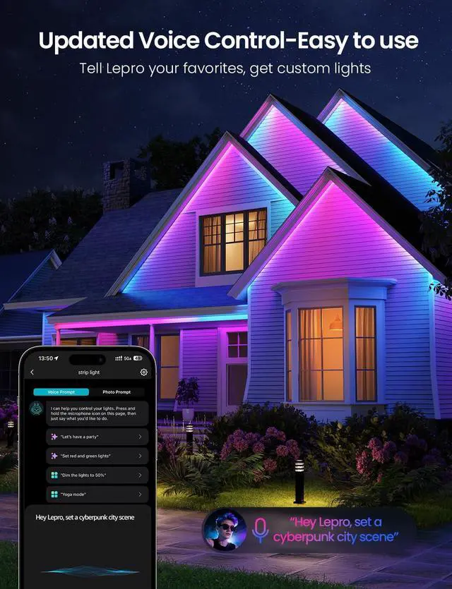 Alt view image 4 of 7 - SW1 AI Smart Outdoor LED Strip Lights - 49.2ft IP65 Waterproof RGBCW Light Strips 2700K-5700K Tunable Warm White APP Control(No Remote) 2.4G Wi-Fi Lights for Holiday Decor House Porch Eave
