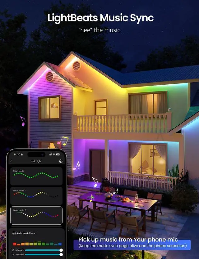 Alt view image 6 of 7 - SW1 AI Smart Outdoor LED Strip Lights - 49.2ft IP65 Waterproof RGBCW Light Strips 2700K-5700K Tunable Warm White APP Control(No Remote) 2.4G Wi-Fi Lights for Holiday Decor House Porch Eave