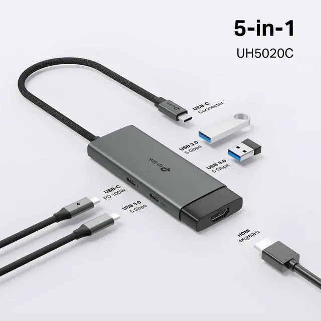 Alt view image 4 of 7 - USB C Hub 5-in-1 Multiport Adapter (UH5020C) | 4K@60Hz HDMI 100W Power Delivery 1×USB-C 2× USB-A Data Ports | 5Gbps High-Speed Dongle | Compatible w/MacBook and More | Plug and Play