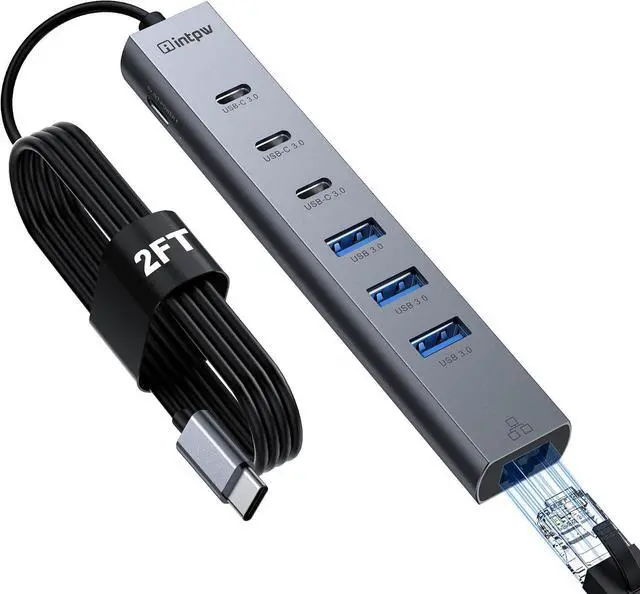 Main image of USB C Hub with Ethernet 8-Port USB Hub 3.0 Multiport Hub with 3 USB-C &3 USB-A Port 5Gbps USB Splitter Gigabit Ethernet Aluminum USB Extender Hub Long Cable for MacBook Desktop Laptop PC