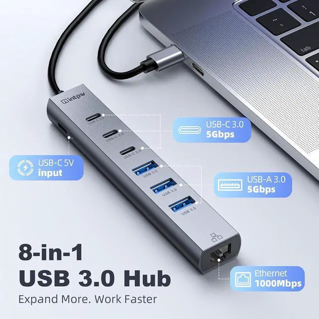 Alt view image 2 of 7 - USB C Hub with Ethernet 8-Port USB Hub 3.0 Multiport Hub with 3 USB-C &3 USB-A Port 5Gbps USB Splitter Gigabit Ethernet Aluminum USB Extender Hub Long Cable for MacBook Desktop Laptop PC