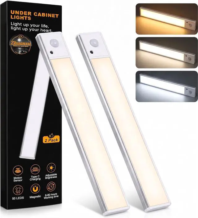 Main image of Under Cabinet Lighting 12inch Rechargeable Closet Light LED Motion Sensor Indoor 2 Pack-3 Color Temps&4 Modes led light bar Long Lasting Stick-On Magnetic Led Lights for Kitchen Bookshelf