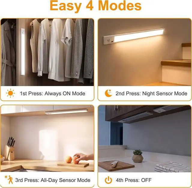 Alt view image 3 of 7 - Under Cabinet Lighting 12inch Rechargeable Closet Light LED Motion Sensor Indoor 2 Pack-3 Color Temps&4 Modes led light bar Long Lasting Stick-On Magnetic Led Lights for Kitchen Bookshelf