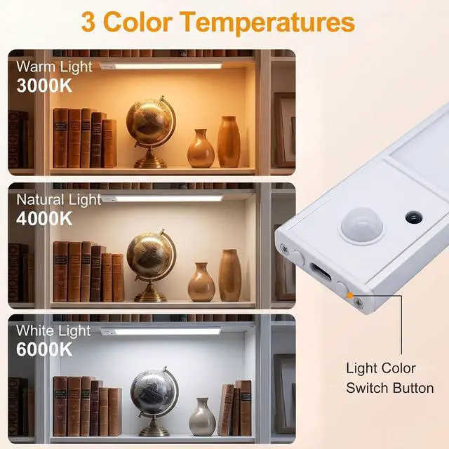 Alt view image 4 of 7 - Under Cabinet Lighting 12inch Rechargeable Closet Light LED Motion Sensor Indoor 2 Pack-3 Color Temps&4 Modes led light bar Long Lasting Stick-On Magnetic Led Lights for Kitchen Bookshelf