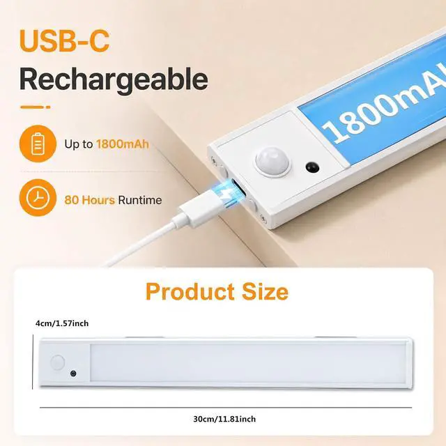 Alt view image 5 of 7 - Under Cabinet Lighting 12inch Rechargeable Closet Light LED Motion Sensor Indoor 2 Pack-3 Color Temps&4 Modes led light bar Long Lasting Stick-On Magnetic Led Lights for Kitchen Bookshelf