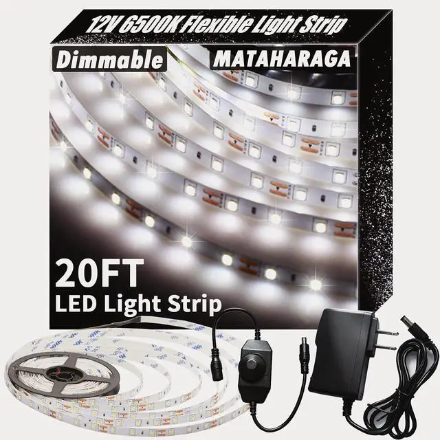 Main image of Dimmable LED Strip Lights with Knob Dimmer 20ft 6500K Daylight White 360 LEDs 12V Flexible Bright Lights with Strong Adhesive for Kitchen Cabinet Mirror Bedroom Christmas Decor