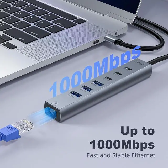 Alt view image 3 of 7 - USB C Hub with Ethernet 8-Port USB Hub 3.0 Multiport Hub with 3 USB-C &3 USB-A Port 5Gbps USB Splitter Gigabit Ethernet Aluminum USB Extender Hub Long Cable for MacBook Desktop Laptop PC