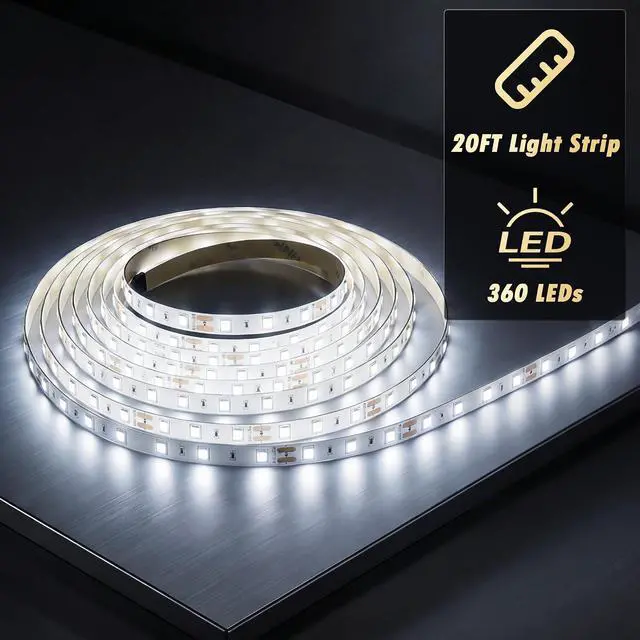 Alt view image 4 of 7 - Dimmable LED Strip Lights with Knob Dimmer 20ft 6500K Daylight White 360 LEDs 12V Flexible Bright Lights with Strong Adhesive for Kitchen Cabinet Mirror Bedroom Christmas Decor