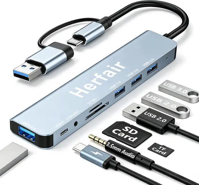 Main image of USB Hub 3.0 USB C Hub with SD Card Reader Audio Jack 8 in 1 USB Extender Splitter Multiport Dongle Adapter for MacBook Pro Air and More PC/Laptop/Tablet Devices