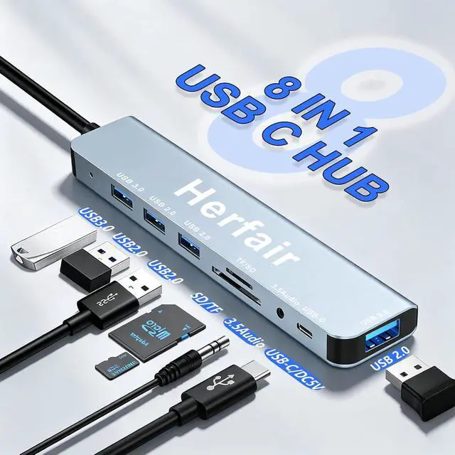 Alt view image 2 of 7 - USB Hub 3.0 USB C Hub with SD Card Reader Audio Jack 8 in 1 USB Extender Splitter Multiport Dongle Adapter for MacBook Pro Air and More PC/Laptop/Tablet Devices