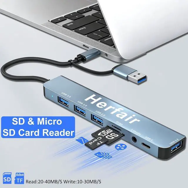 Alt view image 4 of 7 - USB Hub 3.0 USB C Hub with SD Card Reader Audio Jack 8 in 1 USB Extender Splitter Multiport Dongle Adapter for MacBook Pro Air and More PC/Laptop/Tablet Devices