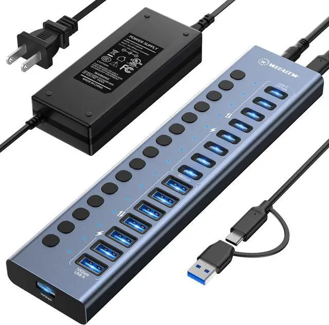 Main image of Powered USB 3.2 Hub 16 Ports Powered USB Hub with 10Gbps Data Speed USB Hub (8 USB-A 3.2 Ports+8 USB-C 3.2 Ports) with 96W Power Adapter for PC/Laptop Computer Flash Drive Printer Camera