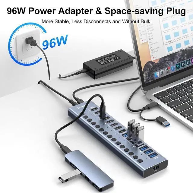 Alt view image 4 of 7 - Powered USB 3.2 Hub 16 Ports Powered USB Hub with 10Gbps Data Speed USB Hub (8 USB-A 3.2 Ports+8 USB-C 3.2 Ports) with 96W Power Adapter for PC/Laptop Computer Flash Drive Printer Camera