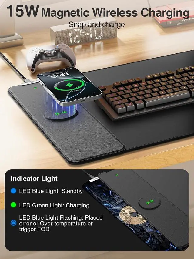 Alt view image 2 of 7 - Magnetic Wireless Charging Mouse Pad 31.5x15.8 Large Desk Mat | Waterproof Mousepad Smooth Glide Stitched Edge Non-Slip Rubber Base Desk Pad Computer Keyboard Mat No Adapter
