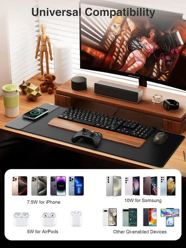 Alt view image 3 of 7 - Magnetic Wireless Charging Mouse Pad 31.5x15.8 Large Desk Mat | Waterproof Mousepad Smooth Glide Stitched Edge Non-Slip Rubber Base Desk Pad Computer Keyboard Mat No Adapter