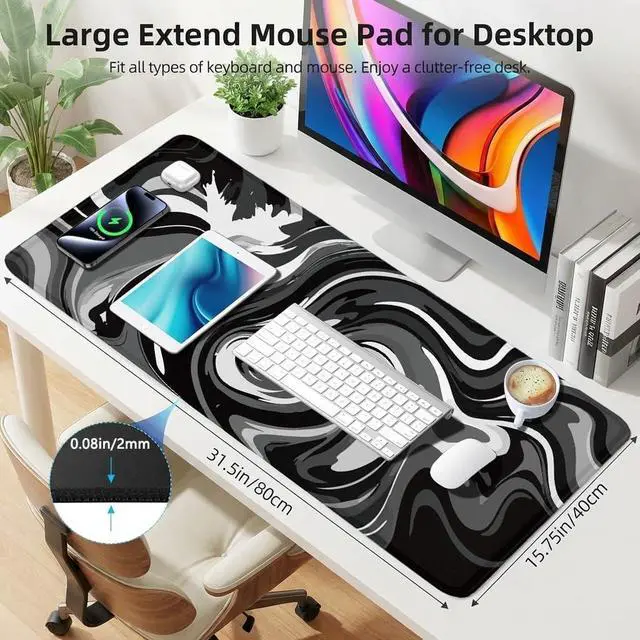 Alt view image 6 of 7 - Large Gaming Mouse Pad - Black and White Mouse Pad with Stitched Edges Extended XL Mousepad with Anti-Slip Rubber Base Ink Liquid Wave Desk Mat for Keyboard and Mouse(31.5x15.8 inch)