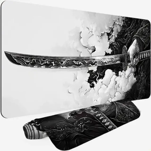 Main image of Gaming Mouse Pad Cinematic Samurai Sword - 31.5x11.8 HD Print Japanese Art Desk Mat for Pro Gaming & Minimalist Office Non-Slip Stitched Edges Black and White