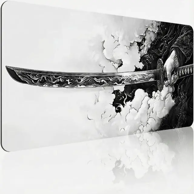 Alt view image 2 of 7 - Gaming Mouse Pad Cinematic Samurai Sword - 31.5x11.8 HD Print Japanese Art Desk Mat for Pro Gaming & Minimalist Office Non-Slip Stitched Edges Black and White