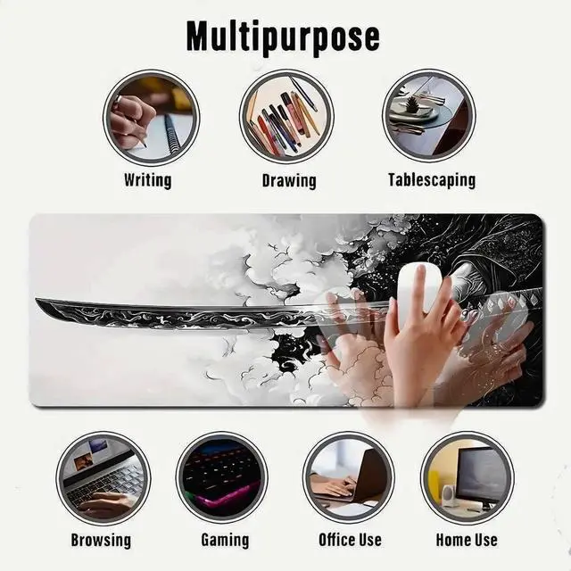 Alt view image 3 of 7 - Gaming Mouse Pad Cinematic Samurai Sword - 31.5x11.8 HD Print Japanese Art Desk Mat for Pro Gaming & Minimalist Office Non-Slip Stitched Edges Black and White