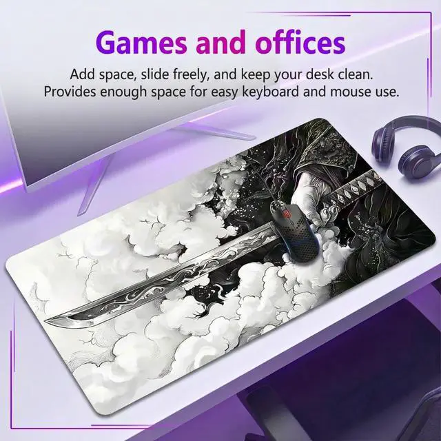 Alt view image 4 of 7 - Gaming Mouse Pad Cinematic Samurai Sword - 31.5x11.8 HD Print Japanese Art Desk Mat for Pro Gaming & Minimalist Office Non-Slip Stitched Edges Black and White