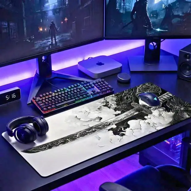 Alt view image 5 of 7 - Gaming Mouse Pad Cinematic Samurai Sword - 31.5x11.8 HD Print Japanese Art Desk Mat for Pro Gaming & Minimalist Office Non-Slip Stitched Edges Black and White