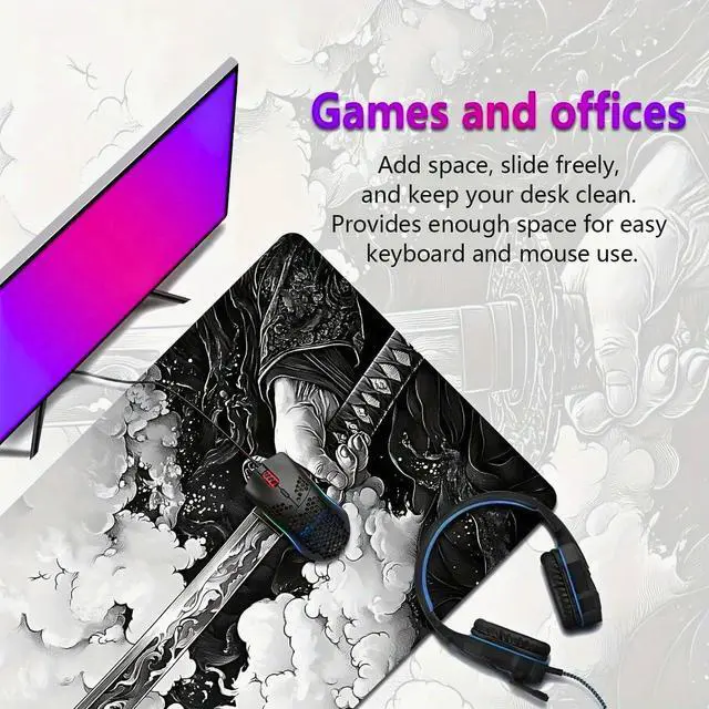 Alt view image 7 of 7 - Gaming Mouse Pad Cinematic Samurai Sword - 31.5x11.8 HD Print Japanese Art Desk Mat for Pro Gaming & Minimalist Office Non-Slip Stitched Edges Black and White