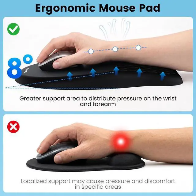 Alt view image 2 of 7 - Ergonomic Mouse Pad with Slope Wrist Support & Massage Bulge Memory Foam Wrist Rest Mousepad for Pain Relief Non-Slip PU Base for Office & Home 12.3x8.2 Inches Black