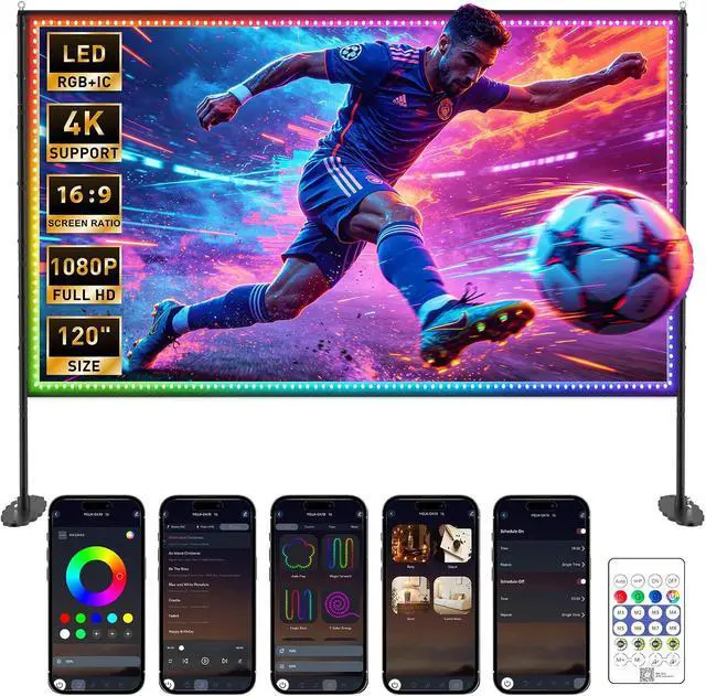 Alt view image 6 of 7 - 120 inch Outdoor Projection Screen with Stand Smart RGB+IC String Lights 4K 16:9 Wrinkle Wind Resistant Movie Screen Foldable Portable Projector Screen for Backyard Camping Home Theater