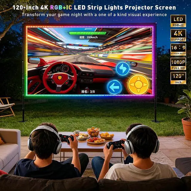 Alt view image 7 of 7 - 120 inch Outdoor Projection Screen with Stand Smart RGB+IC String Lights 4K 16:9 Wrinkle Wind Resistant Movie Screen Foldable Portable Projector Screen for Backyard Camping Home Theater