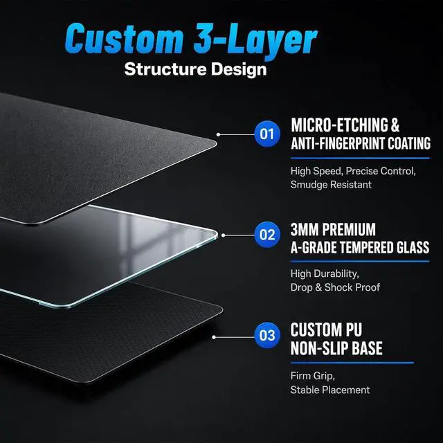 Alt view image 5 of 7 - Glass Gaming Mouse Pad 5.0 Nano Etched Surface Custom PU Non Slip Base Esports Level Speed & Precision Tempered Glass Waterproof & Durable 410mm*310mm Multi-Use Sizes (Snow Mountains)