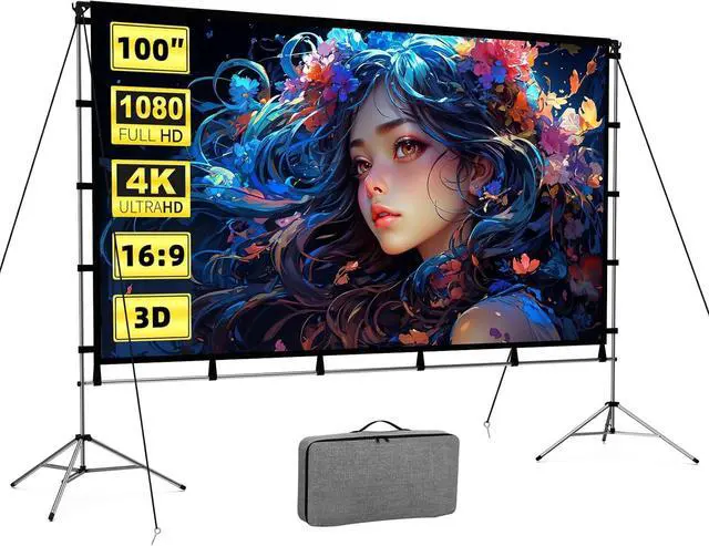 Alt view image 7 of 7 - Outdoor Projector Screen with Stand 100 Inch Portable Projector Screen Indoor Outdoor with Carry Bag 16:9 4K HD Movie Screen for Home Backyard Theater